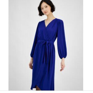 Connected Petite Long-Sleeve Tied Wrap Dress - Saphire